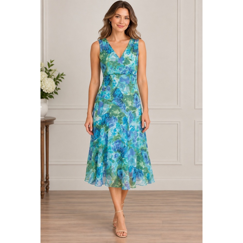 Studio 1940 Vintage Floral Midi Dress 14 Blue Green Chiffon V-Neck Garden Party